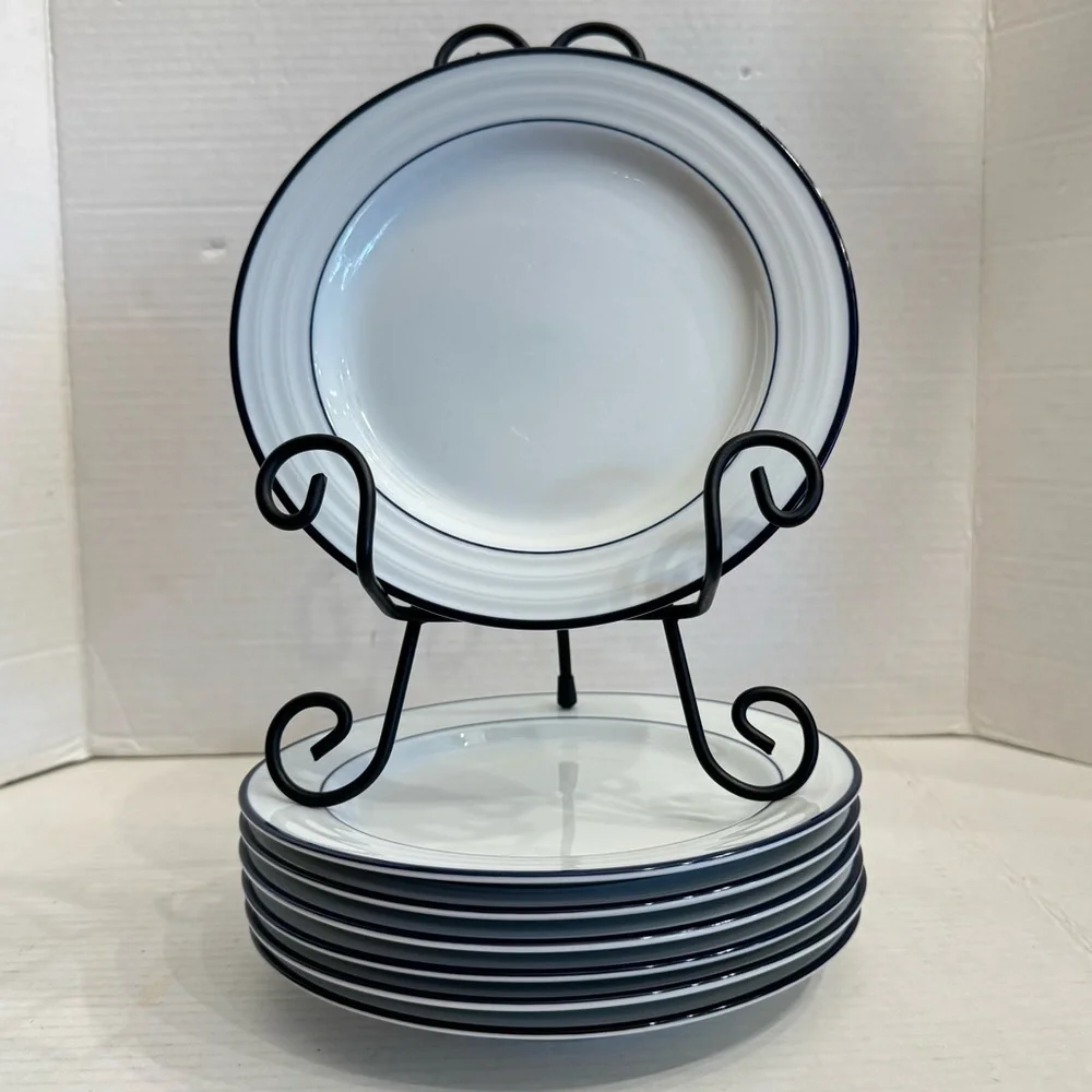 Lot of 4 Crate & Barrel Spal Porcelain Roulette Blue Trim 8 1/4” Salad Plate